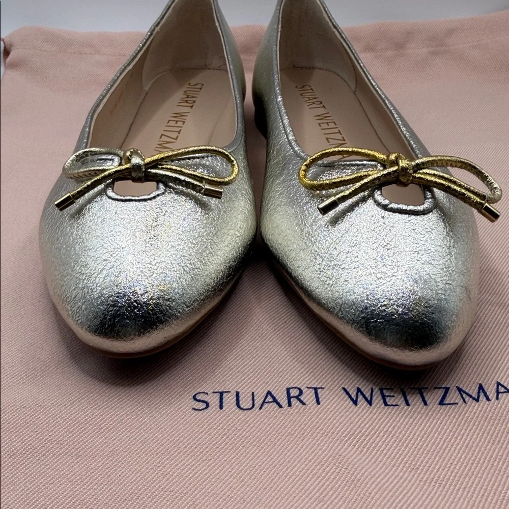Stuart Weitzman Women's Gabby Flats, Platino, Gold, Metallic, US 7.5, NWOT